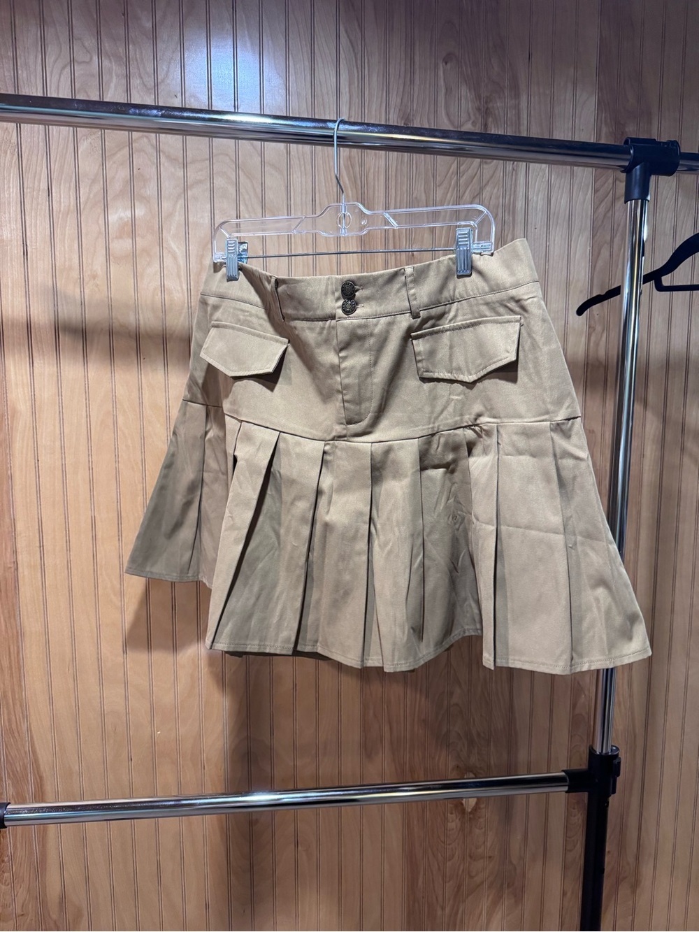 Tan Pleated Mini Skirt with Front Flap Pockets